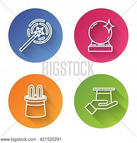 Set Line Magic Wand, Magic Ball, Magician Hat And Rabbit Ears And Magician Hat In Hand. Color Circle