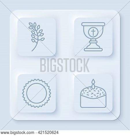 Set Line Willow Leaf, Christian Chalice, Sun And Easter Cake And Candle. White Square Button. Vector