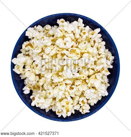 Popcorn In Bowl Isolated On White Background Top View Close-up Photo. Movie Theater. Cinema. Watchin