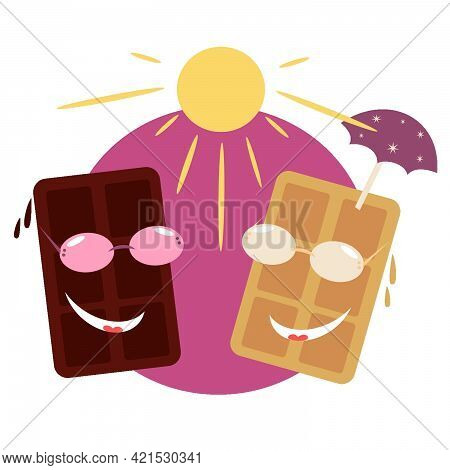 Cartoon White And Dark Chocolate. Drops Of Chocolate From The Heat. Chocolate Glasses. A Pair Of Cho