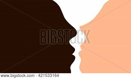 Two Abstract Faces Black And White. Two Silhouettes Of Faces. Face To Face. Fashionable Decoration D
