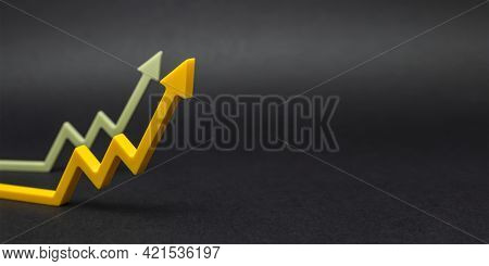 An Uptrend, Increased Sales, Or Increased Value. Graphic Arrows Pointing Upwards On Black Background