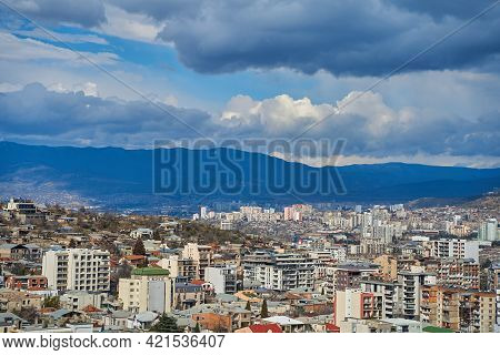 Panorama Of A Densely Populated City. Tbilisi City Landscape From Above