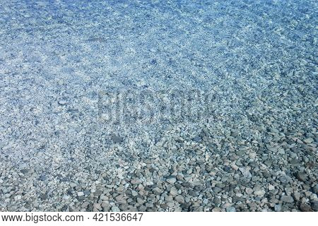 Sea Water Near Beach Natural Background , White Stone Pebble Beach In Croatia Sumartin Brac Island P