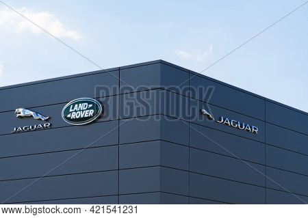Jaguar Land Rover Brand Logo Sign Near Oficial Dealer Office Showroom Building Located In Vilnius, L