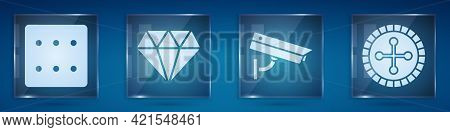 Set Game Dice, Diamond, Security Camera And Casino Roulette Wheel. Square Glass Panels. Vector