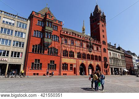 Basel Switzerland, April 25. 2021: Historic Town Hall Basel, Building Photographed In The Daytime Wi