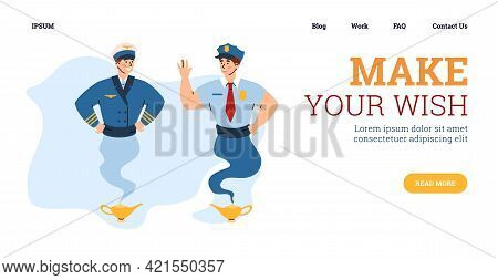 Web Banner With Two Pilots Looking As Genie, Flat Vector Illustration.