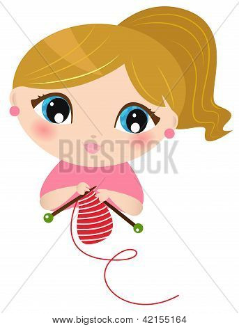 美しい女の子の編み物、白で隔離
