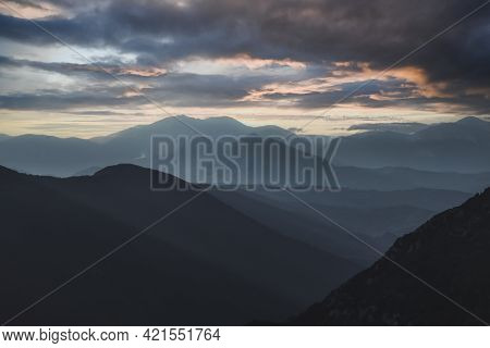 Beautiful Mountain Landscape Of Irpinia In Southern Italy Near Avellino. Misty Foggy Mountain Landsc