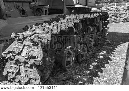 Old Vintage Tractor Tracks And Wheels. Rusty Caterpillar Of Old Bulldozer. Abandoned Crawler.
