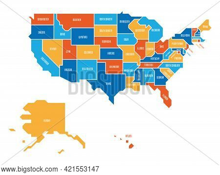 Colorful Simplified Map Of Usa, United States Of America. Retro Style. Geometrical Shapes Of States 