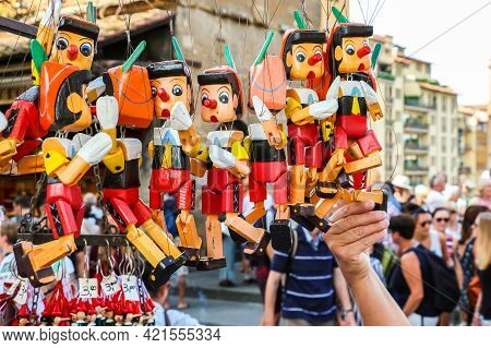 Florence, Italy - Circa September 2018. Wooden Pinocchio Puppets For Sale.