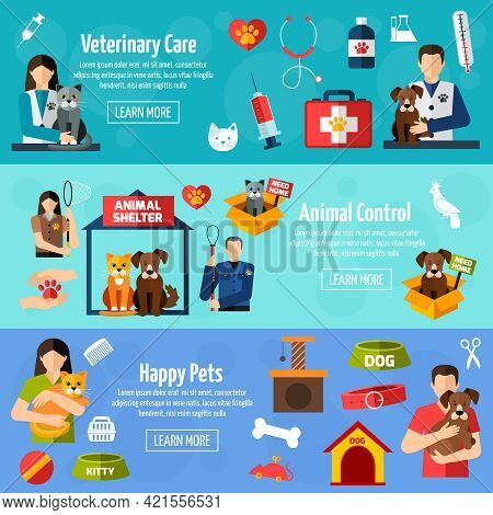 Animal Shelter Horizontal Banner Set With Flat Veterinary Control Elements Isolated Vector Illustrat