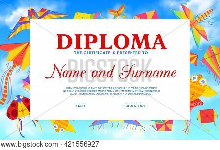 Kids Diploma With Cartoon Kites Vector Template. Education Achievement Certificate, Graduation Diplo