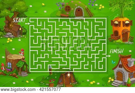 Labyrinth Maze Fairy Houses And Dwellings. Vector Kid Game With Cute Homes In Shape Of Carrot, Stump