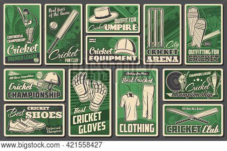 Cricket Sports Game Vector Retro Banners. Sportsman Player On Stadium Field And Equipment Cricket Ba