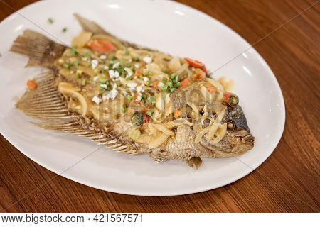 Spicy Gourami Fish Salted Egg, Asian Dish Cuisine Culinary