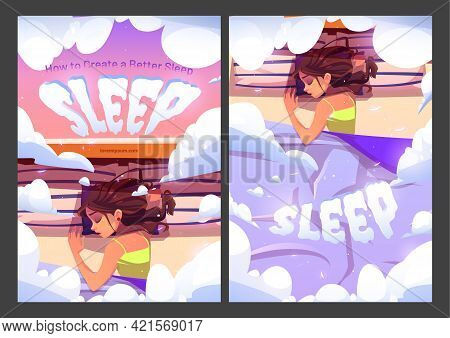 How To Create A Better Sleep Cartoon Ad Poster. Young Woman Lying On Pillows In Bed Top View, Dorman