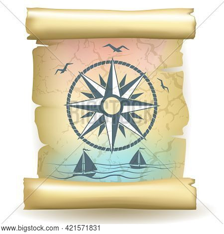 Ancient Scroll With Vintage Compass Design And Boats