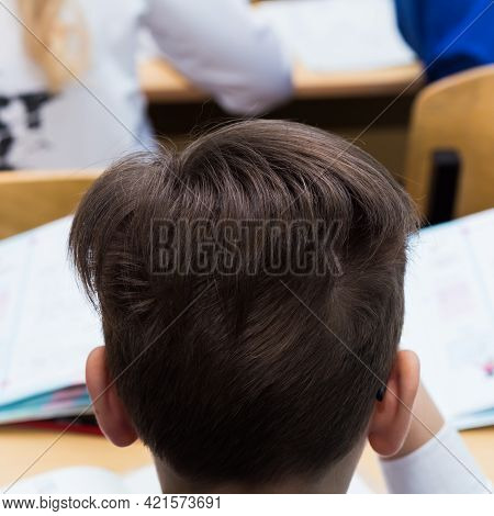 The Back Of The Head Of A Boy With Lush Hair On The Crown. Close-up Of A Hairstyle On A Childs Head.