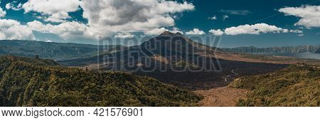 Mount Batur Volcano And Agung Mountain Panoramic View With Blue Sky From Kintamani, Bali, Indonesia