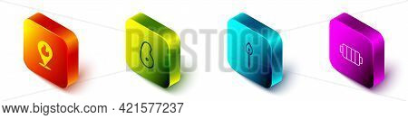 Set Isometric Location With Fire Flame, Steak Meat, Burning Match And Barbecue Grill Icon. Vector
