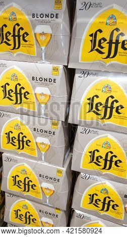 Bordeaux , Aquitaine France - 05 18 2021 : Leffe Belgian Beer Sign Logo And Text Brand On Advertisin
