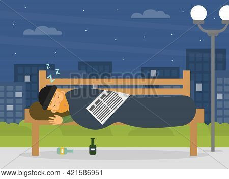 Homeless Man Vagabond Sleeping On Street Bench Vector Illustration