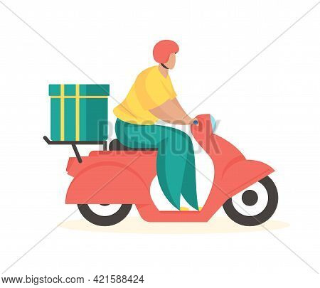 Delivery Service Courier On Scooter. Fast Logistics With Express Delivery Goods. Guy In Helmet And T