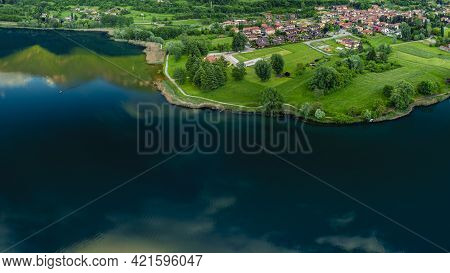 Panorama Of Endine Lake , The Lake Is Located Near Bergamo In Cavallina Valley , Italy Lombardy.