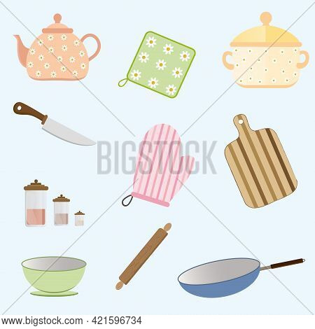 Vector  Set Of Kitchen Utensils For Home Cooking And Tools For Food Preparation Isolated On Blue Bac