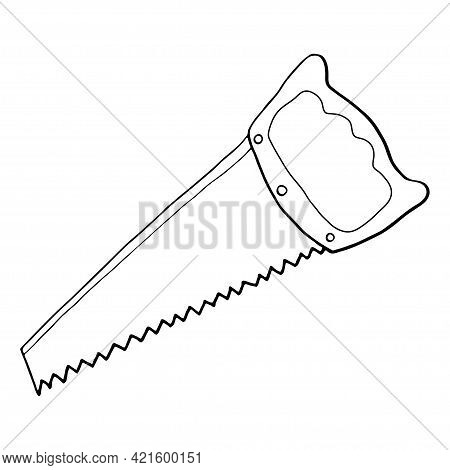 Hand Outline Saw. Large Long Metal File In Hand Drawn Doodle Style Isolated On White Background.vect