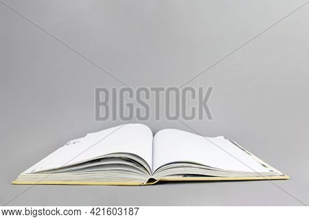 Open Book On Grey Background. Knowlege And Education Concept. Copy Space