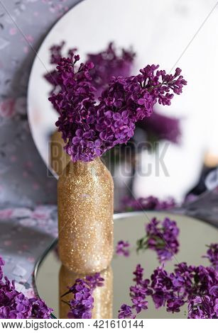 Background With Copy Space Blank On Table With Lilac Purple Flower. Violet Flowers. White Paper Top 