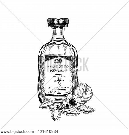 Amaretto Bottle, Retro Hand Drawn Vector Illustration.