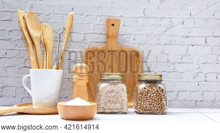 Kitchen Tools And Kitchenware Utensil Object With Ingredients And Mix Nut On Kitchen Shelf Wood Whit