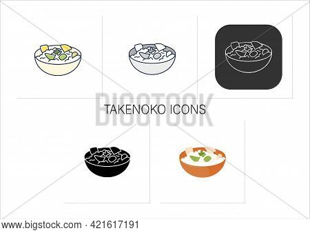 Takenoko Icons Set. Edible Bamboo Shoots On Bowl. Traditional Dish.spring Japanese Food.collection O