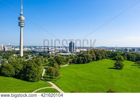 Munich, Germany - Jul 27, 2020: Stadium Of The Olympiapark In Munich, Germany, Is An Olympic Park Wh