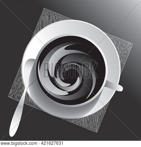 Cup And Sauser With Coffee,  Napkin And Spoon From Top View. Dark Gray Image