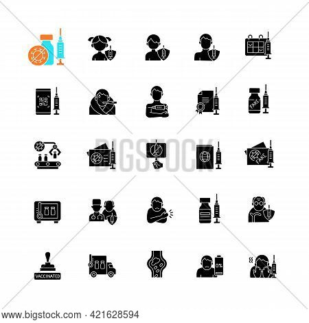 Vaccination And Covid Passport Black Glyph Icons Set On White Space. Vaccine Distribution. Virus Tre