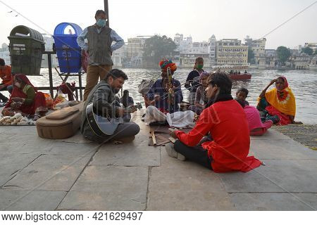 Rajasthan Famous Sarangi Musical Instrument Being Played At Street Near Gangor Ghat Pichola Lake. Tr