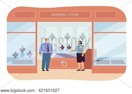 Jewellery Store Flat Vector Illustration. Saleswoman And Rich Customer Standing In Luxury Shop Inter