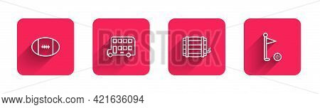 Set Line Rugby Ball, Double Decker Bus, Wooden Barrel And Golf Flag With Long Shadow. Red Square But