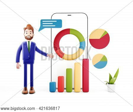 Businessman With Infographics Presentation Or Discussion Of New Project And Performance Indicators. 