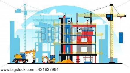 A Building Under Construction Against The Background Of A City Under Construction. A Site With Heavy