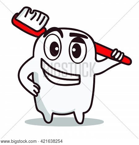 Cute Tooth Mascot Cartoon Character Illustration Holding A Toothbrush