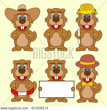 Beaver Or Otter Character Cartoon Mascot Illustration Pack Set With Various Poses
