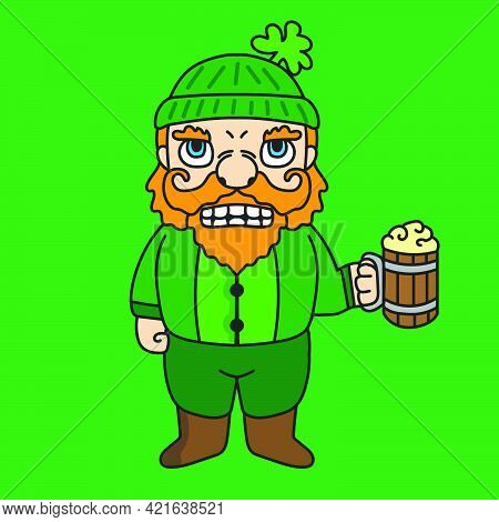St Patrick's Dwarf Mascot Cartoon Character Illustration Drinking A Glass Of Beer. Suitable For Stic