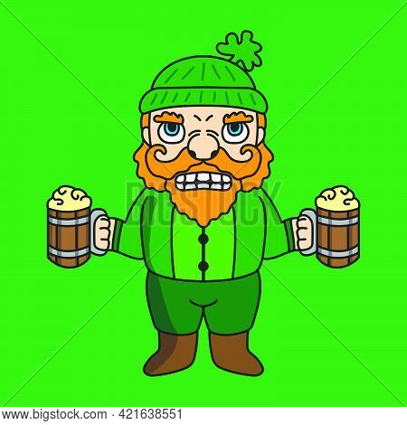 St Patrick's Dwarf Mascot Cartoon Character Illustration Drinking Two Glasses Of Beer. Suitable For 